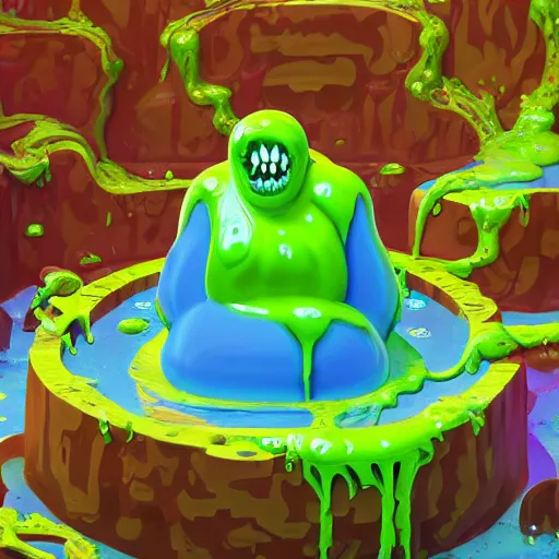 Image similar to slime lord king of the slime universe, skeleton, full body included, wide shot, 1 4 mm lens, f 2. 8, goopy, goop, fluids, soft tissue, subsurface scattering, reflections, ambient occlusion, raytracing, unreal engine 5, pixel art 8 - bit, by beeple