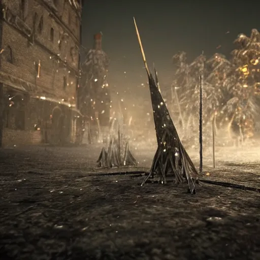 Image similar to ice spikes are summoned from the ground by magic, a group of knights in plate - armor gets impaled by bloody spikes, death on the spot, gloomy lights in the sky, feeling of cold terror, octane render, unreal engine, 8 k