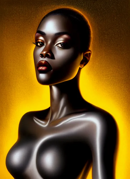 Image similar to a gorgeous black woman oil painting, soft lighting, wearing shiny gold catsuit, illuminated only by floating, glowing alien symbols, realistic, smooth face, perfect eyes, wide angle, sharp focus on eyes, 8 k high definition, insanely detailed, intricate, elegant, art by artgerm, livia prima and wlop