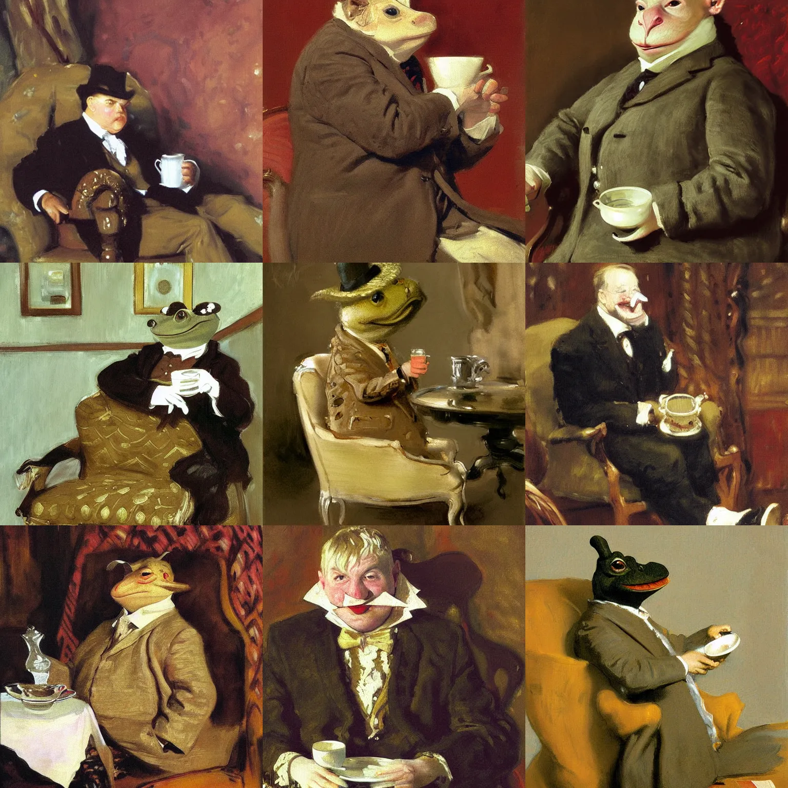 Prompt: a painting of Mr toad sipping tea while wearing a sweater and sitting in an armchair. Detailed painting by John Singer Sargent