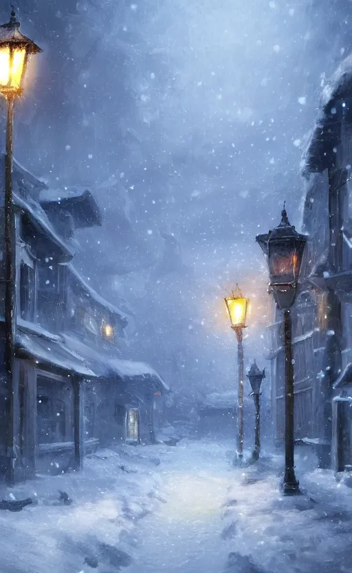 Image similar to a blurry ambient lantern in the distance of a snowy village at night, dynamic lighting, ambient lighting, atmospherical, photorealistic fantasy concept art, trending on art station, stunning visuals, creative, cinematic, ultra detailed