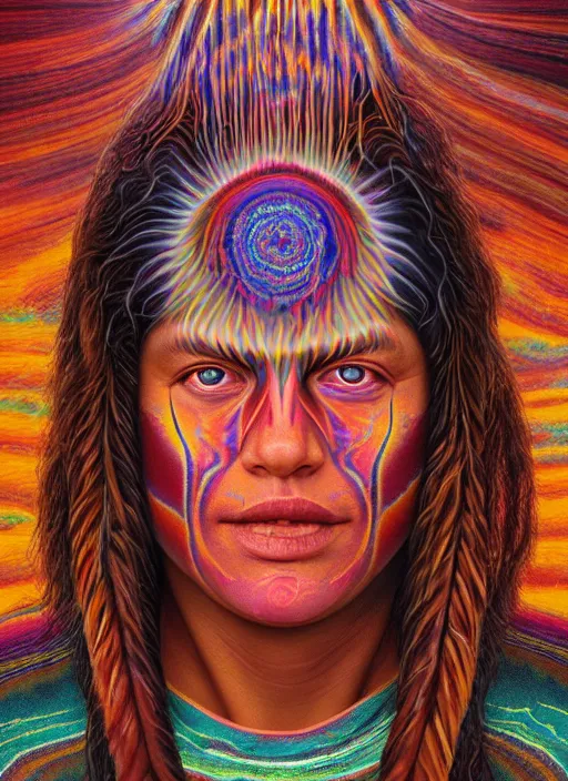 Prompt: portrait ultra dimensional native american woman shaman, accidentally tripping on dmt and acid, psychedelic experience, overwhelming psychosis of self realization and burning awakening, ultra high definition, unreal engine 5, hyperrealism, masterpiece composition, by casey weldon, barclay shaw