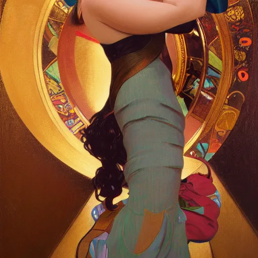 Image similar to modern woman | hyperrealistic | rubenesque | action pose | digital painting | trending on artstation | pinup portrait | clean | illustration | dressed | unreal engine 5 | 8 k resolution | by greg rutkowski alphonse mucha gustav klimt and mel ramos