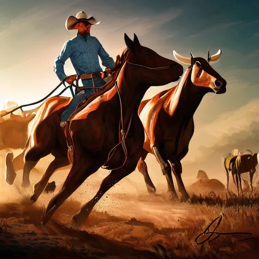 Image similar to cowboys chasing cattle, colorful, dramatic lighting, detailed, intricate, elegant, highly detailed, digital painting, artstation, concept art, smooth, sharp focus, illustration