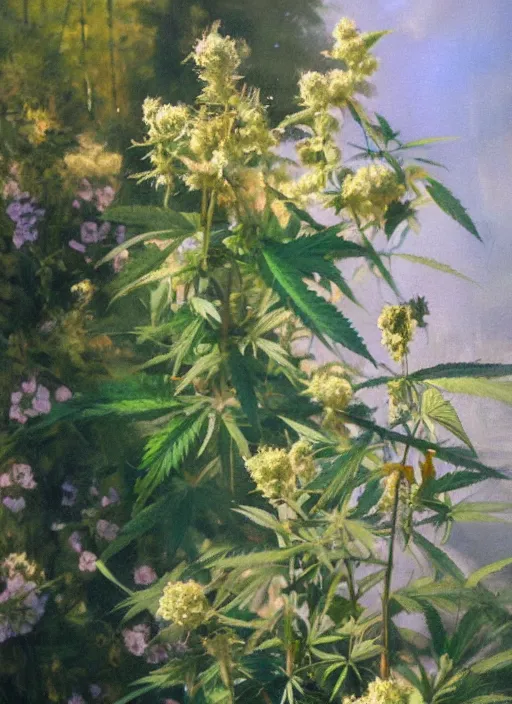 Image similar to oil painting by anders zorn, nature, bush, marijuana flowers, cannabis leaves with backlight