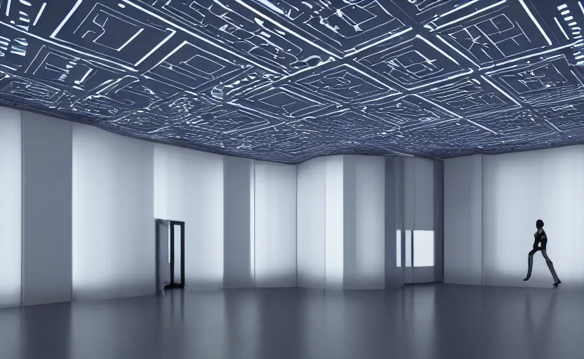 Prompt: space room with computer interfaces on the floor, ceiling and walls, dimly illuminated by led lights, octane render, ray - tracing, 4 k, 3 3 mm