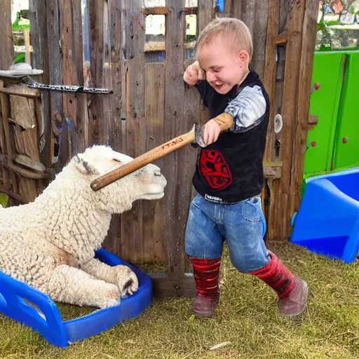 Prompt: ragnar lothrbok cutting off head of lamb at the pet n play zone in zoo with children crying around him while he laughs with beer and bloody axe in hand