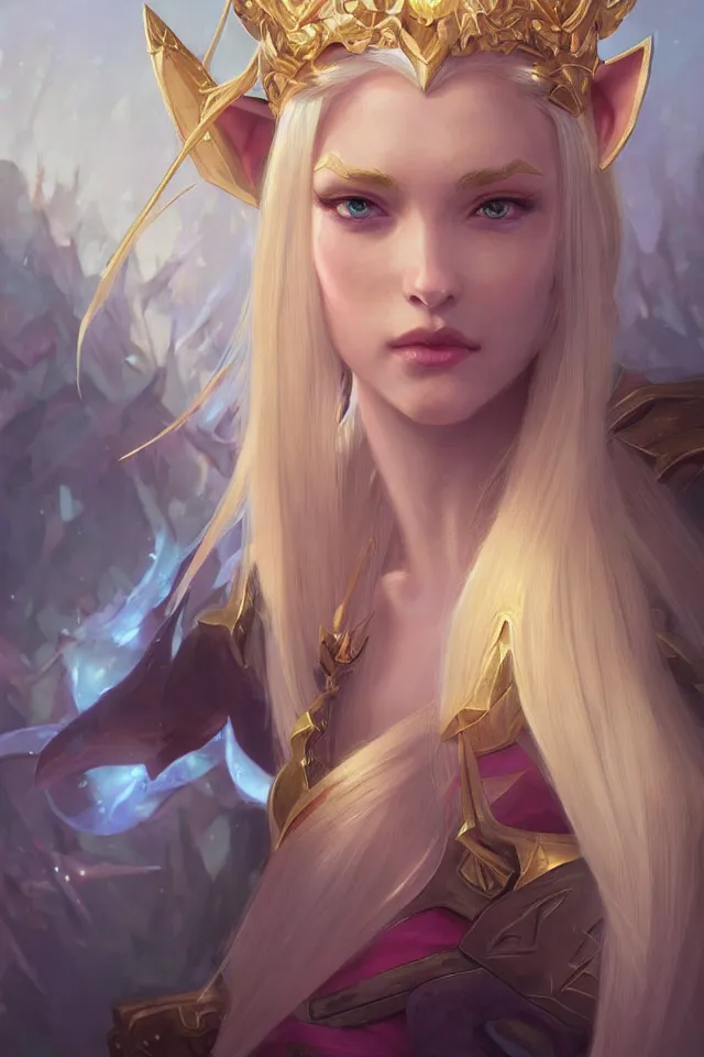 Image similar to Portrait of Beautiful blonde elf queen with opal eyes and elf ears, league of legends, LOL, fantasy, digital painting, artstation, concept art, sharp focus, illustration, art by greg rutkowski and alphonse mucha
