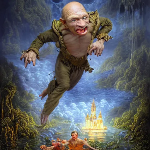 Image similar to Putin as Mystical Gollum, Realistic, Regal, Refined, Detailed Digital Art, Michael Cheval, Walt Disney (1937), François Boucher, Oil Painting, Steampunk, Highly Detailed, Cinematic Lighting, Unreal Engine, 8k