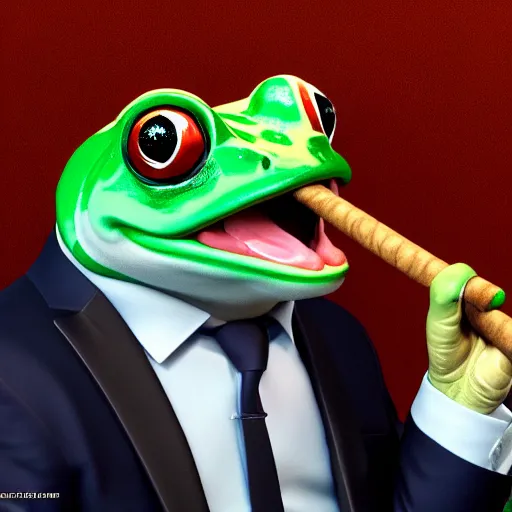 Image similar to a high quality photo of an antropomorphic frog wearing a suit smoking a cigar, 3d scene, render, ultra realistic, artstation, cgsociety