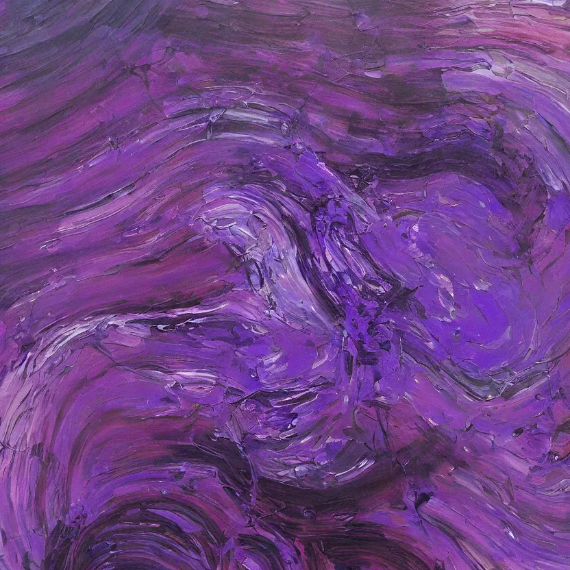 Image similar to abstract multiple layers of purple and blue shades paint dripping and running in a circular pattern in the rough form of a head, oil on canvas, detailed