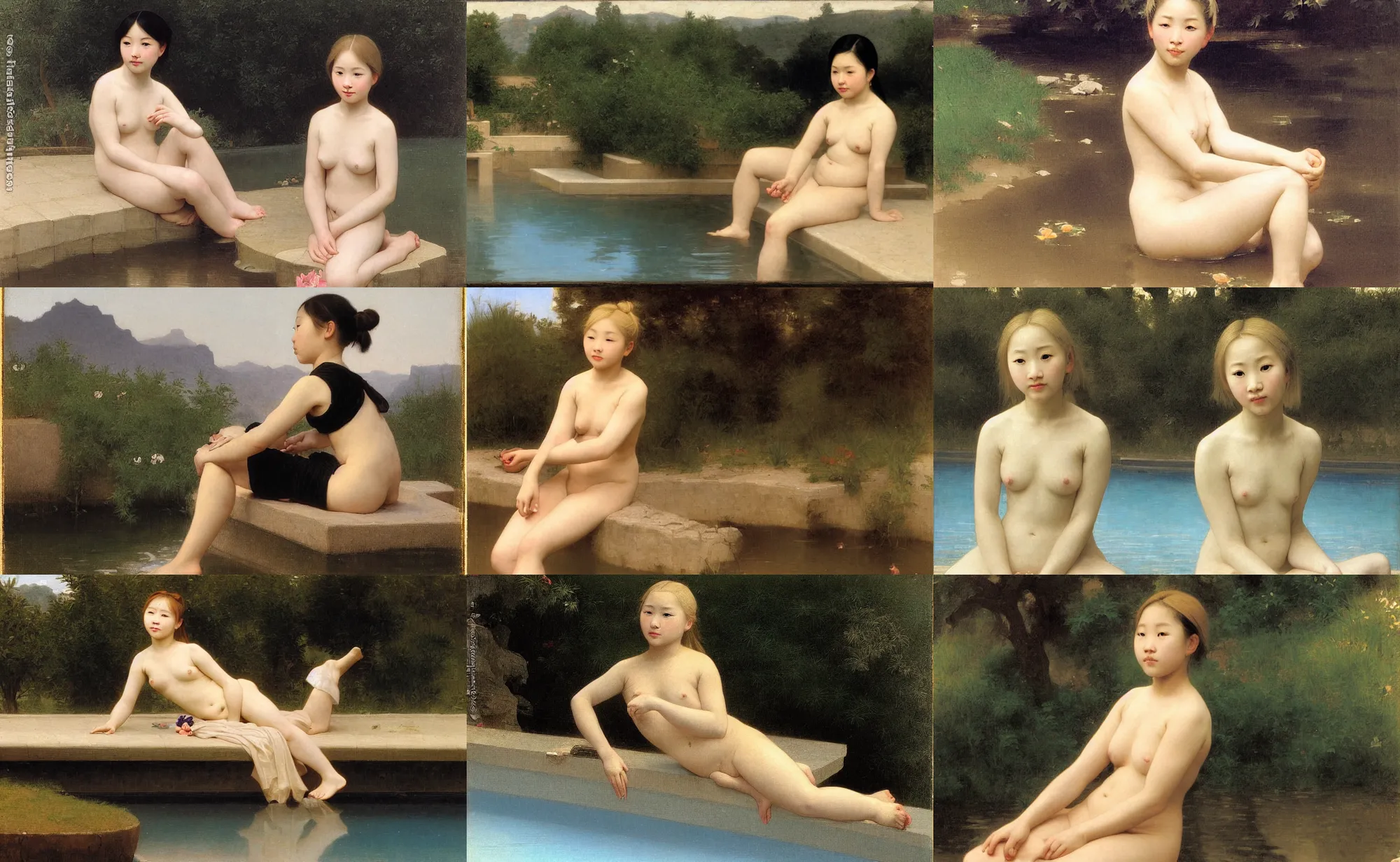 Prompt: portrait of blond asian girl sit on edge of pool, bouguereau