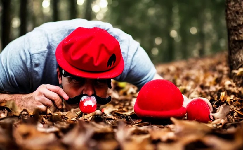 Image similar to italian man with a mustache dressed as mario wearing a solid red mario hat, crawling on the ground, eyes rolled back, licking a red mushroom with white spots, in a forest, photography, 5 0 mm lens, f 1. 8