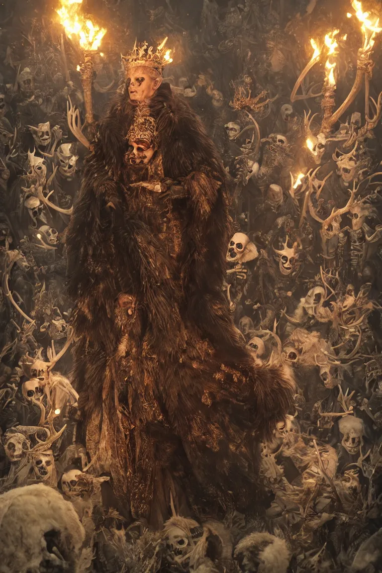 Prompt: ultrarealistic portrait of a cursed king dressed in a deer fur cloak, surrounded by skelleton minions and ravens, with sparks and ashes in the air, torches in the floor, cinematic epic scene, wide view, winter light, detailed, 8 k, trending on cgi society, alfonse mucha, corradini and belkinsk, volummetric light