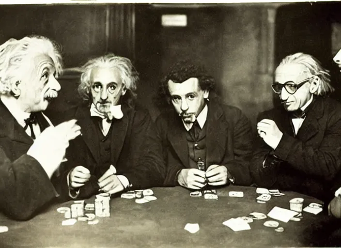 Prompt: photograph of albert einstein and isaac newton and stephen hawkins playing poker in an old west saloon