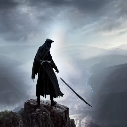 Prompt: a hooded figure wielding a sword on the edge of a cliff, fantasy artwork, 4k, hdr, realistic, cool, award winning, cinematic, well lit, rtx