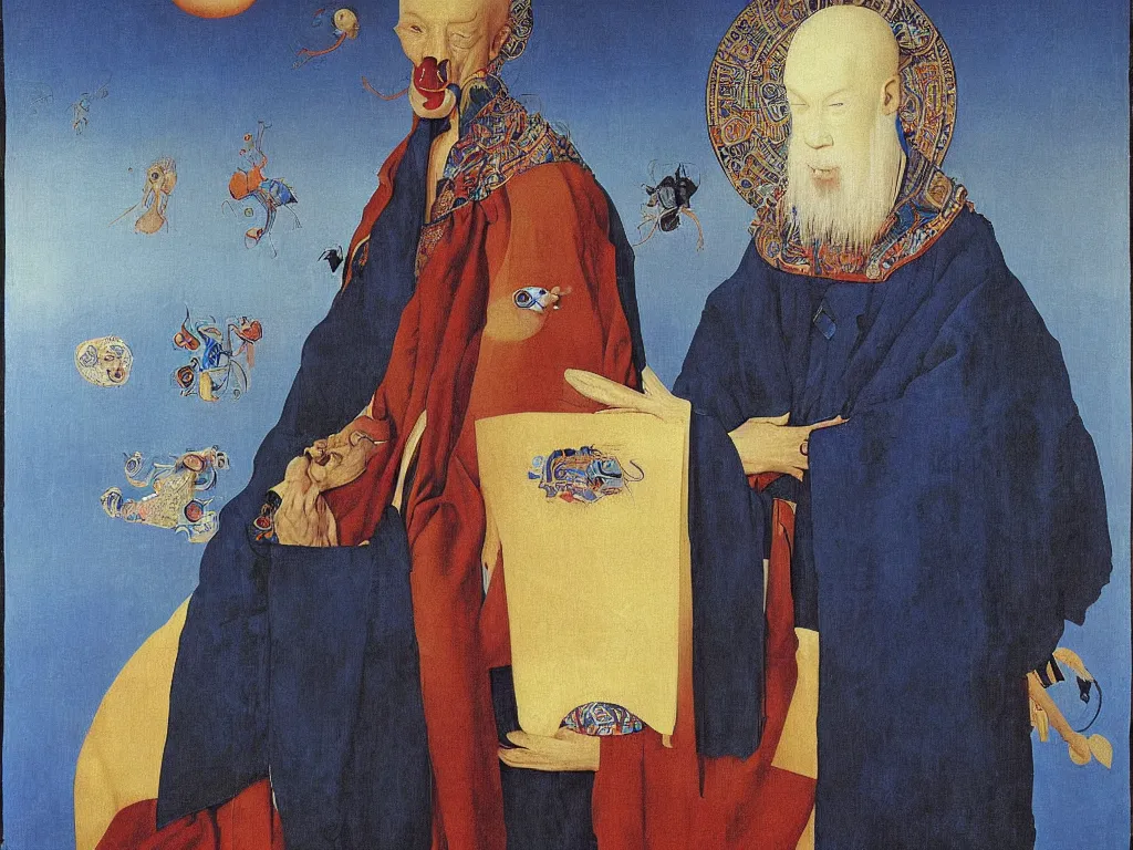 Image similar to Portrait of albino mystic with blue eyes, with Tibetan thangka. Painting by Jan van Eyck, Audubon, Rene Magritte, Agnes Pelton, Max Ernst, Walton Ford