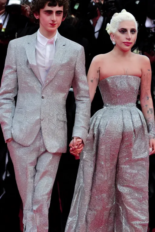 Image similar to timothee chalamet and lady gaga holding hands on the red carpet, beautiful detailed faces