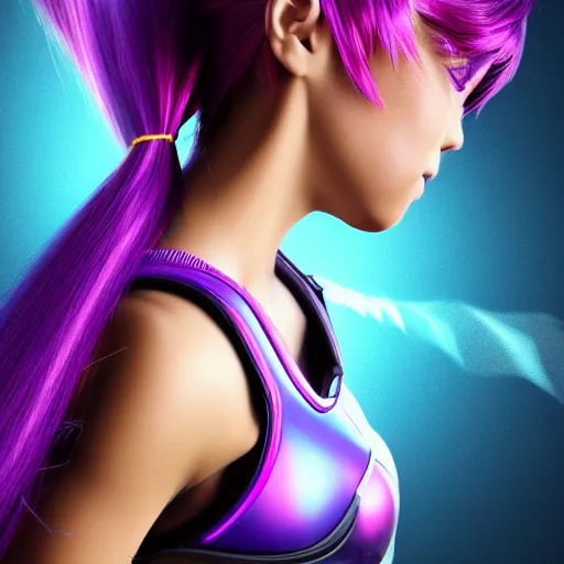 Image similar to a award winning action upper body portrait of a beautiful woman with a ombre purple pink hairstyle with head in motion and hair flying while wearing futuristic navy blue bodyarmor and pauldrons, outrun, vaporware, highly detailed, fine detail, intricate