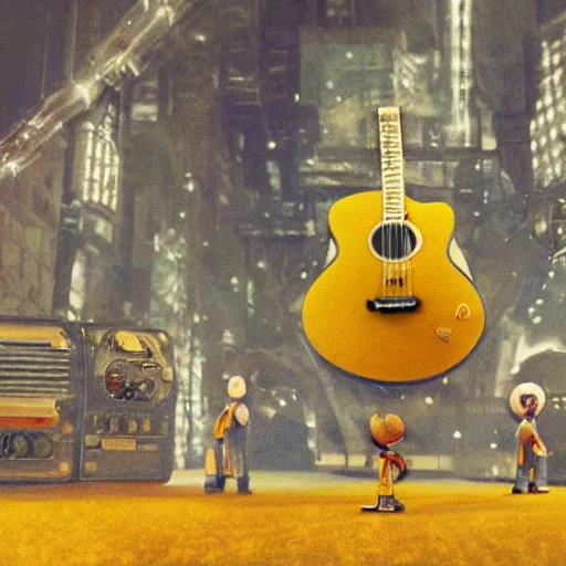 Image similar to the beatles performing with guitars, a giant yellow minion at background, sci fi, art by mike winkelmann, trending on cgsociety, retrofuturism, darksynth, sci - fi