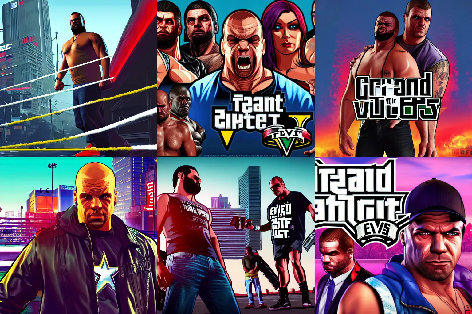 Prompt: WWE in Grand Theft Auto 5 covert art, epic, 4k resolution, extremely detailed, very sharp, artstation, digital art, vibrant