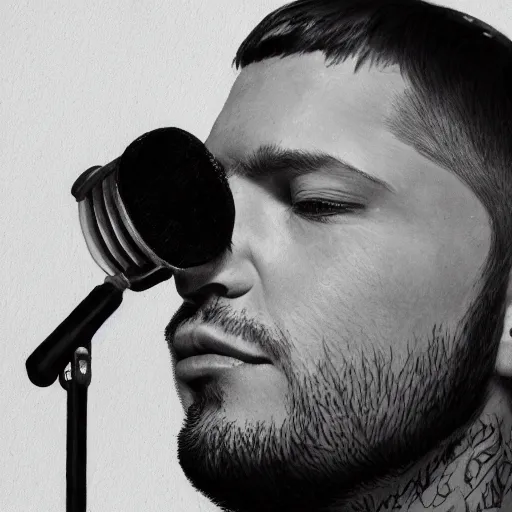 Image similar to beautiful portrait of german rapper kool savas burning up a mic, by katja kuhl, photorealistic, hyperrealism