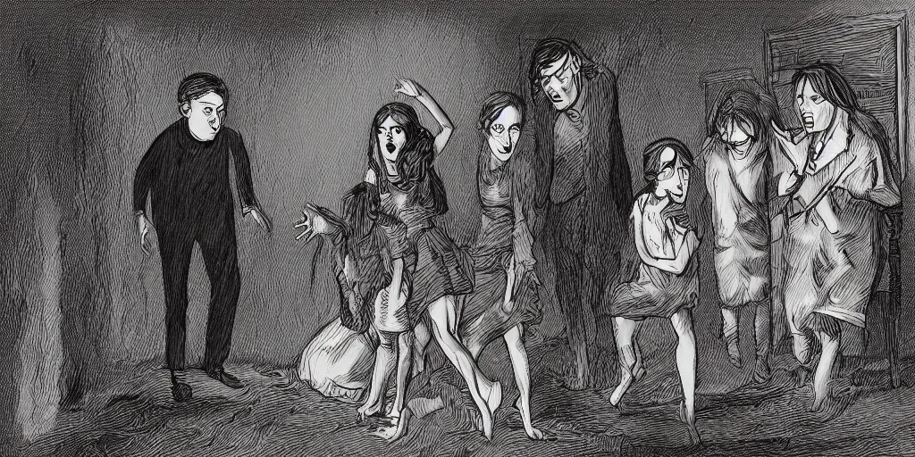 Image similar to a digital illustration of a demonic spirit haunting a family at the edge of madness