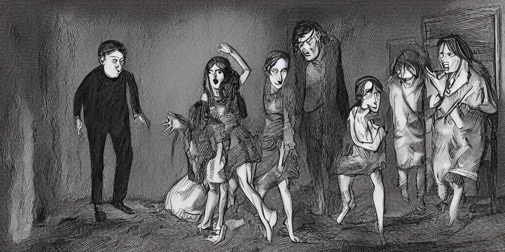 Prompt: a digital illustration of a demonic spirit haunting a family at the edge of madness