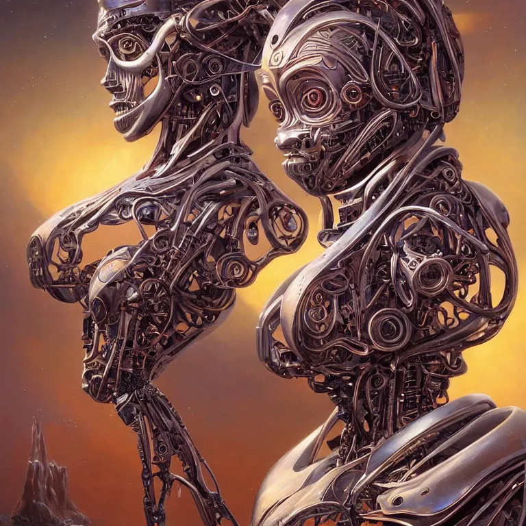 Prompt: perfectly centered portrait, front view of a beautiful biomechanical android alien robot, female, flowing hair, intense stare, sarcastic smile, symmetrical, concept art, intricate detail, volumetric shadows and lighting, cosmic background, realistic oil painting by tim hildebrandt,