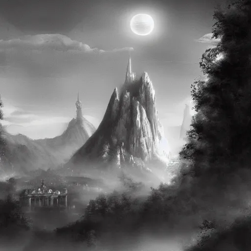 Image similar to the dawning of a new age, black and white matte painting