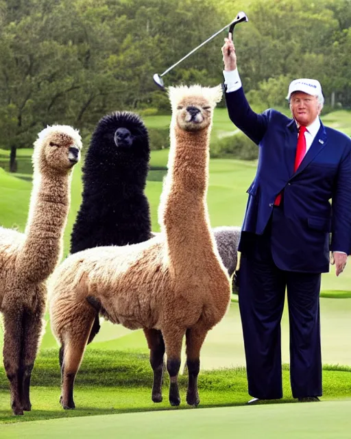 Image similar to wide shot of donald trump at one of his golf courses, with an alpaca caddy. photorealistic