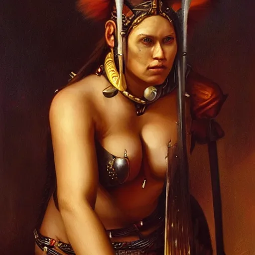 Image similar to the portrait of jenny the vixen ryan as an amazon warrior queen by roberto ferri, fantasy, witcher, very detailed oil painting, masterpiece, 8 k, full face