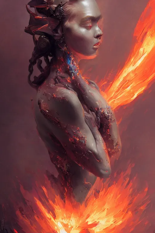 Image similar to torso closeup model wearing exploding lava dress, sorcerer, diamonds, angel, fantasy, dramatic lighting, highly detailed, digital painting, holding electricity, magic the gathering, hyper detailed, 3 d render, hyper realistic detailed portrait, peter mohrbacher, wlop, ruan jia