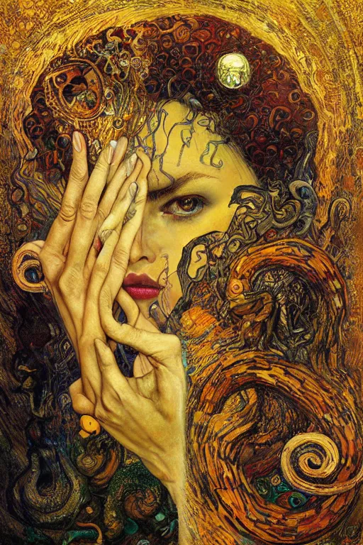 Image similar to Rebirth by Karol Bak, Jean Deville, Gustav Klimt, and Vincent Van Gogh, portrait of a sacred serpent, Surreality, otherworldly, fractal structures, arcane, ornate gilded medieval icon, third eye, spirals