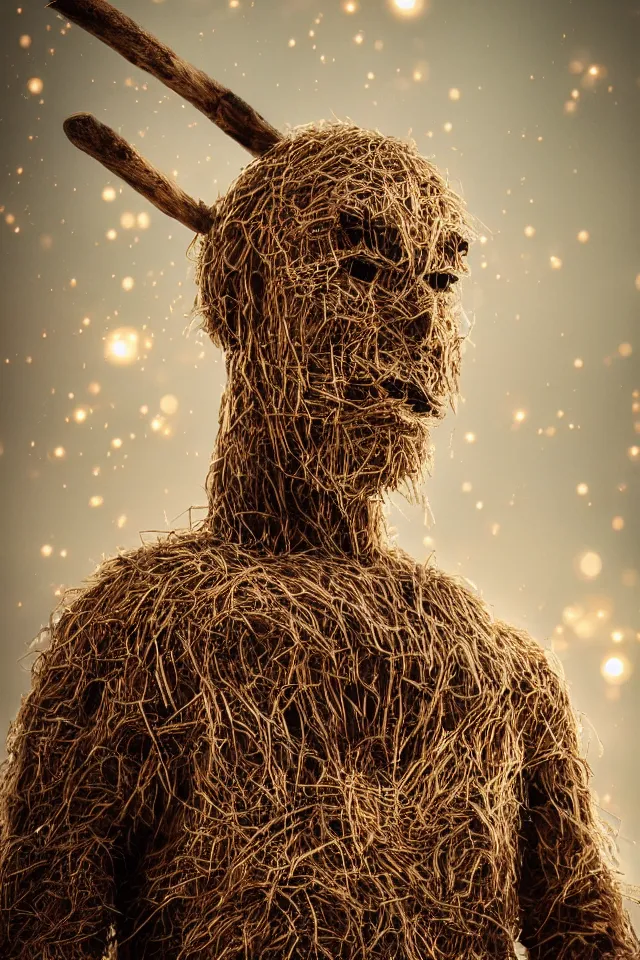 Prompt: beautiful close - up intimate portrait of a big wooden scarecrow, floating particles, sparks, made of wood, octane render, holding a very shiny metallic aluminium rustic axe, bokeh, soft focus, f 1. 8, unreal engine, particles, raytracing