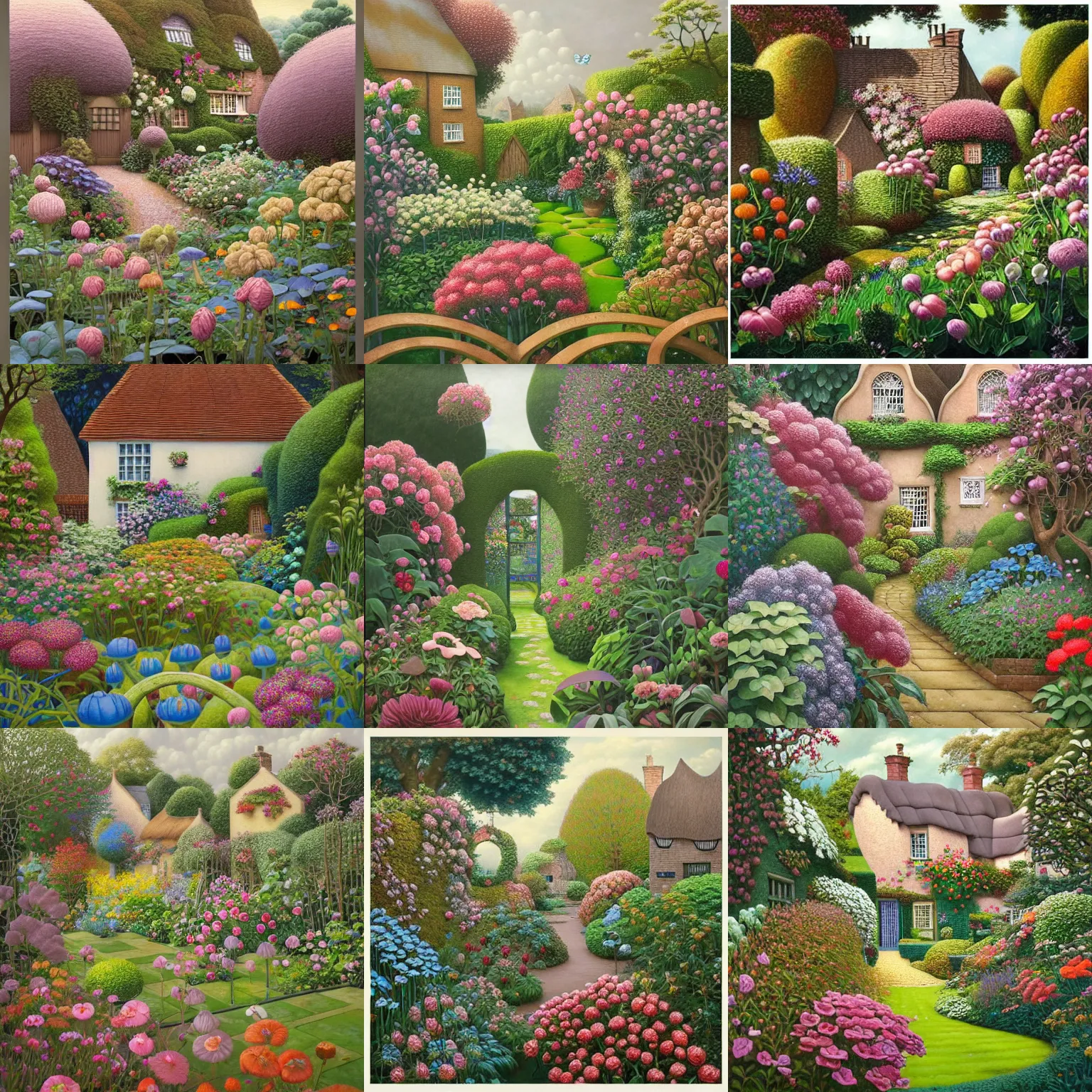Image similar to a gorgeous, fantastic, english cottage garden by michael kidd, escher, victo ngai, thomas kincade, trending on artstation, artgerm, acrylic on canvas,! muted colors!,! low contrast!