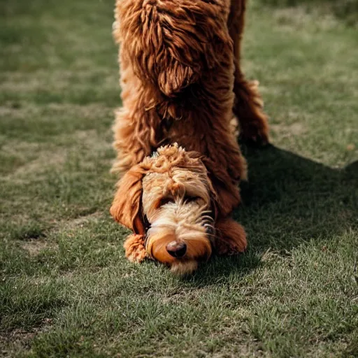 Image similar to a photograph of a goldendoodle eating dogfood, crisp