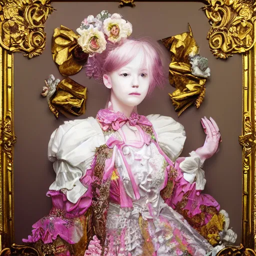 Image similar to 8 k, octane render, realism, tonalism, renaissance, rococo, baroque, portrait of a young - lady wearing long - harajuku manga - dress with flowers! and skulls, background chaotic gold leaf flowers, cotton candy!!