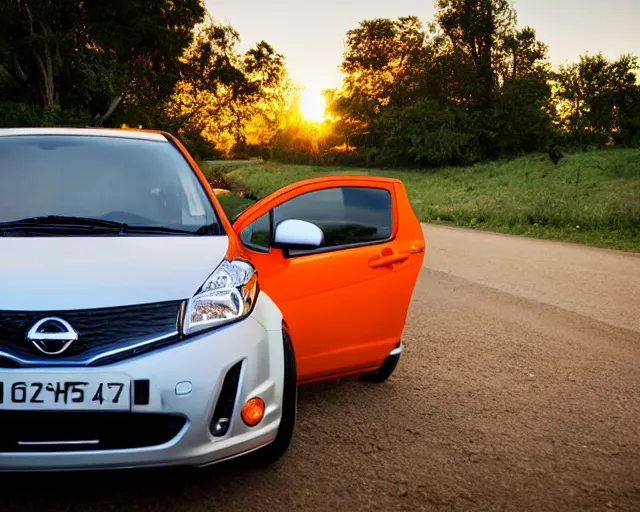 Prompt: border collie dog in the driver's seat of an orange nissan note, paws on wheel, car moving fast, rally driving photo, award winning photo, golden hour, front of car angle