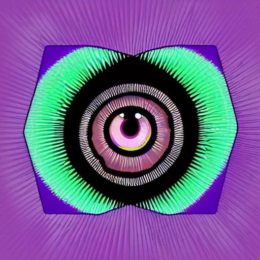 Image similar to illustration of a cyberpunk eye in a purple rhombus on a black background.