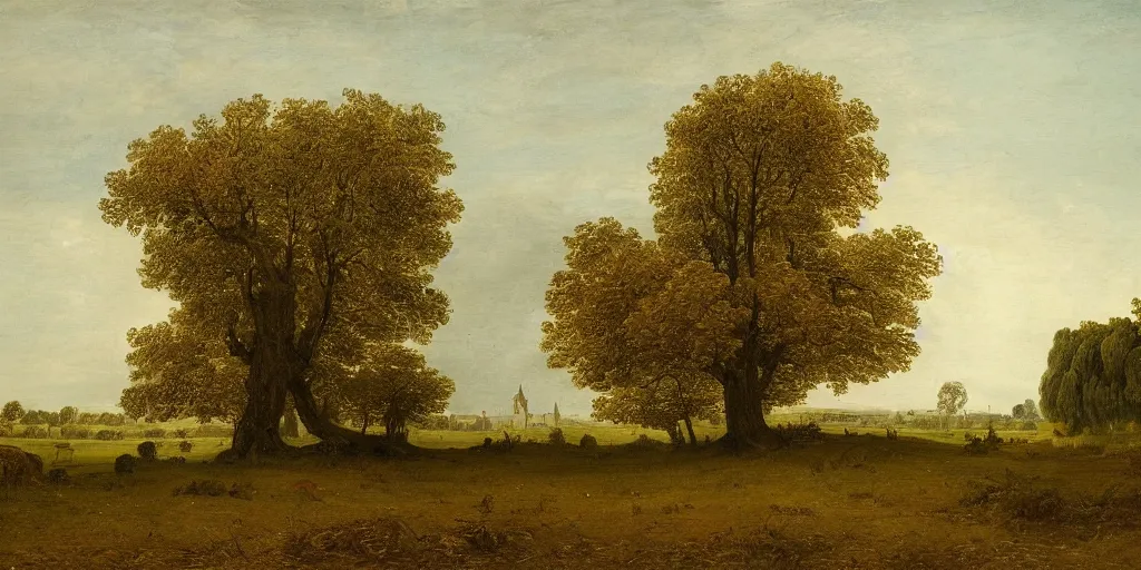 Prompt: a beautiful landscape painting of a giant tree next to a church in the fields, by jan van goyen, oil on canvas, highly detailed, hd, 4 k