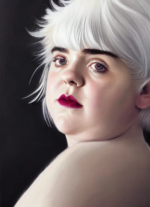 Image similar to full body portrait, kiernan shipka as sabrina spellman, white hair, obese, bangs, sultry, realistic, sultry smirk, fluffy bangs, curly bangs, fat, belly, intricate, elegant, highly detailed, digital painting, artstation, concept art, smooth, sharp focus, illustration, art by wlop, mars ravelo and greg rutkowski