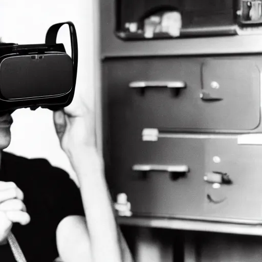 Prompt: a black and white polaroid of a man using virtual reality in the 60s