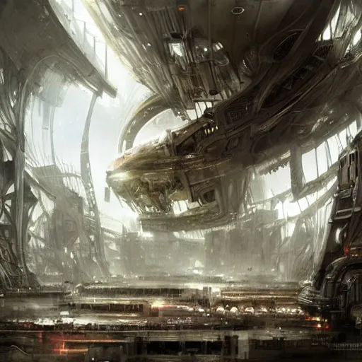 Prompt: inside epic futuristic structure by raymond swanland, highly detailed