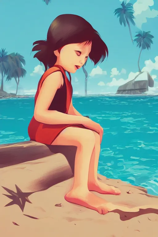 Image similar to a little girl sit beach. clean cel shaded vector art. illustration art by lois van baarle and helen huang and artgerm