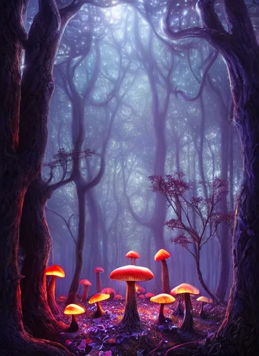 Prompt: an enchanted forest at night illuminated by glowing mushrooms, diffuse lighting, fantasy, intricate, surrealism!!!!, highly detailed, lifelike, photorealistic, digital painting, artstation, illustration, concept art, smooth, sharp focus, by greg rutkowski, chris tulloch mccabe, valentina remenar and asher duran,