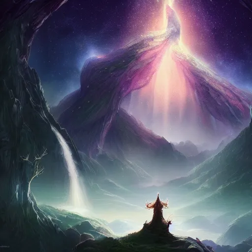 Image similar to a beautiful scenary of a fantasy world below a legendary yggdrasil tree with the background of a milky way, artstationHD, digital painting, hyper detail, elegant, cinematic, epic lighting, very very very very beautiful scenery, smooth, sharp focus