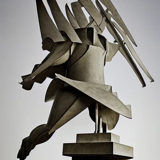 Image similar to [Sculpture of St.Georges fighting a windmill in the style of futurist brutalism, concrete, in an art gallery]