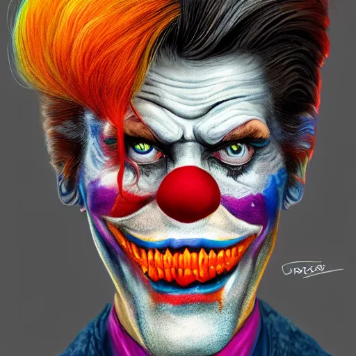 Prompt: willem dafoe wearing bizarre clown makeup, and intricate clown costume, by rossdraws, vivid colors, soft lighting, digital artwork, uhd, best of artstation