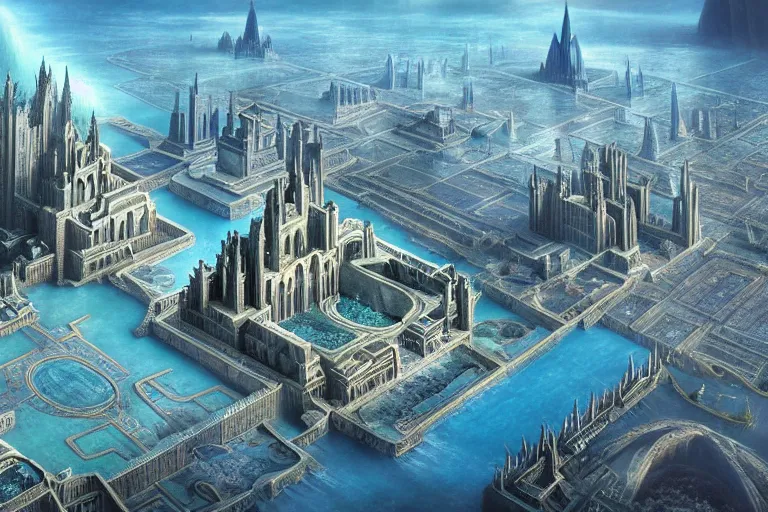 Image similar to a beautiful complex insanely detailed matte painting of the alien city of Atlantis with blue steel towers and an enormous palace cathedral by Heironymous Bosch, aerial view